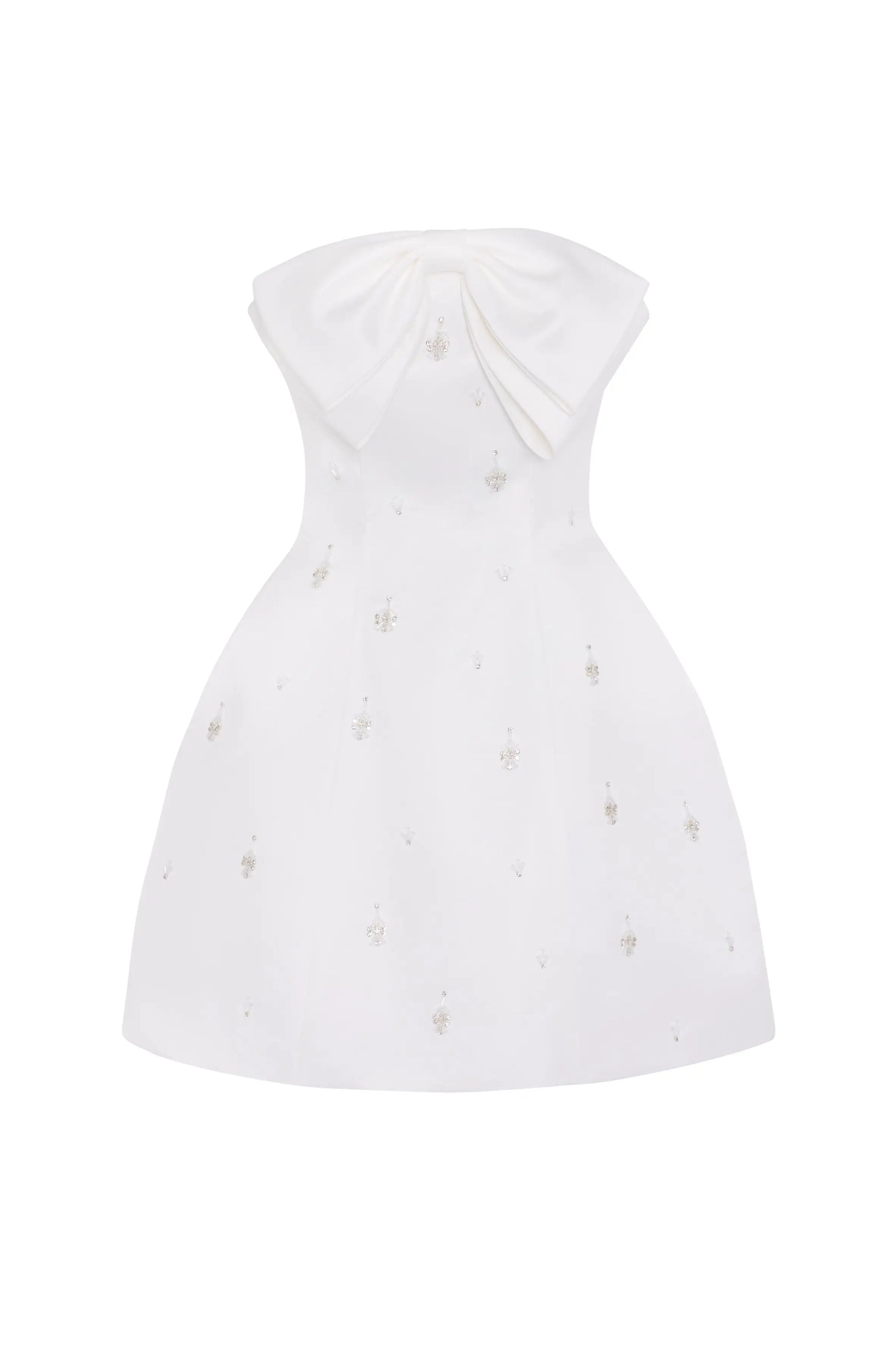 White strapless dress with small embellishments on a white background