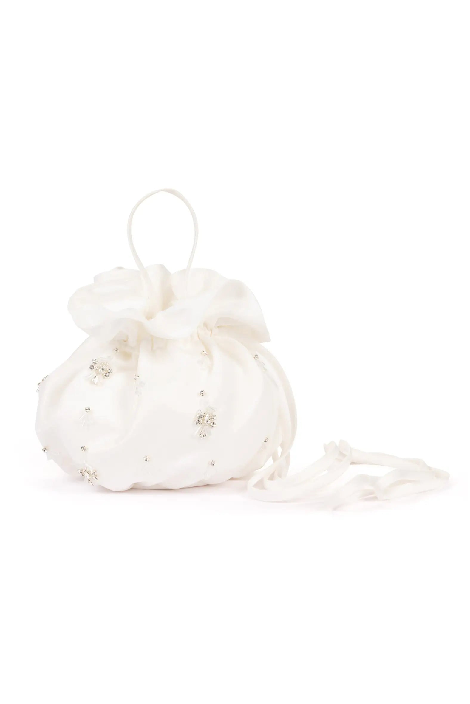 The TH&TH 'Zephyr Crystal' Bridal Bag in ivory features a ruffled top, delicate crystal embellishments, and a slender strap, showcased against a plain white background.