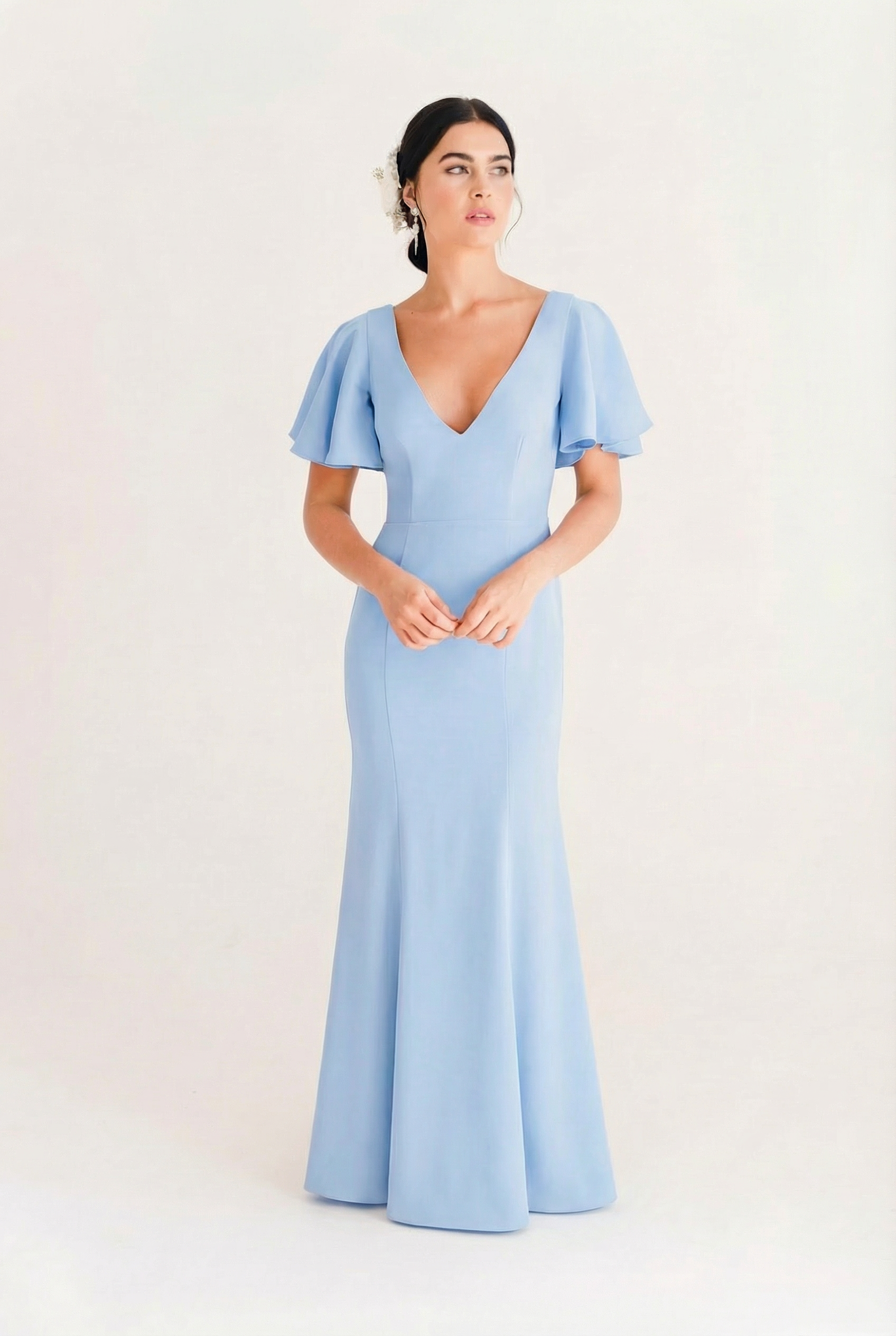 Celeste Moss Crepe Bridesmaid Dress in Dusty Blue