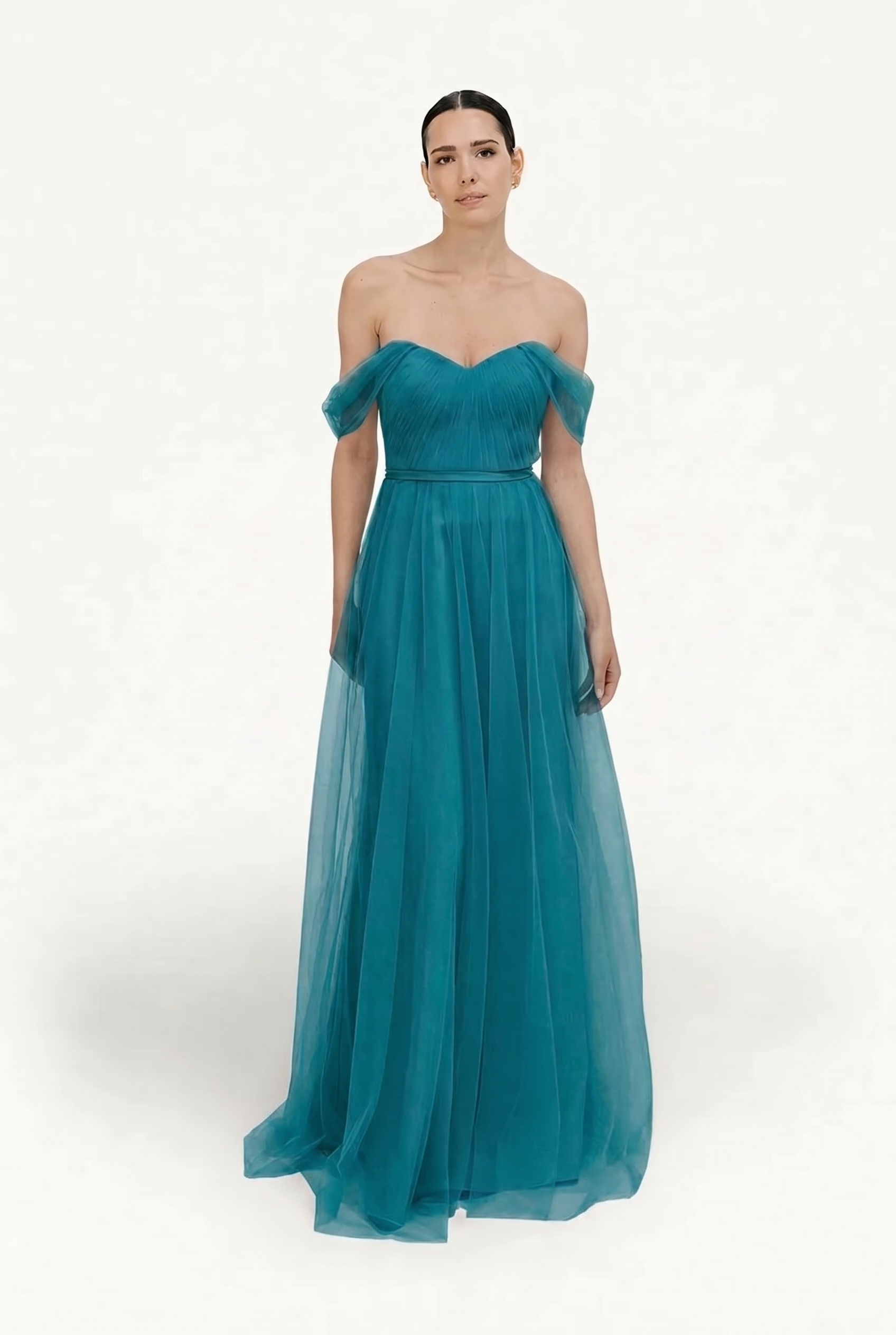 Bardot Bridesmaid Dress in Emerald Dawn Tulle