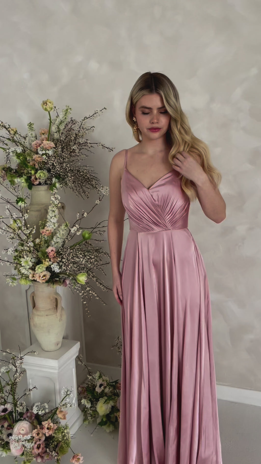 TH&TH Isla blush pink satin ladies bridesmaids dress