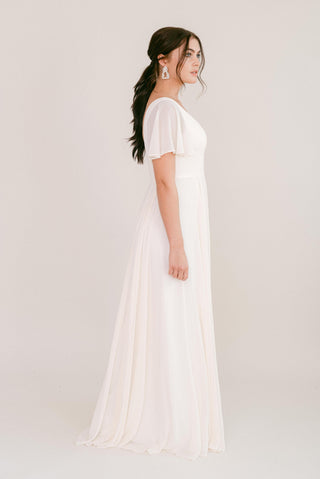 white bridesmaid dresses, model side view
