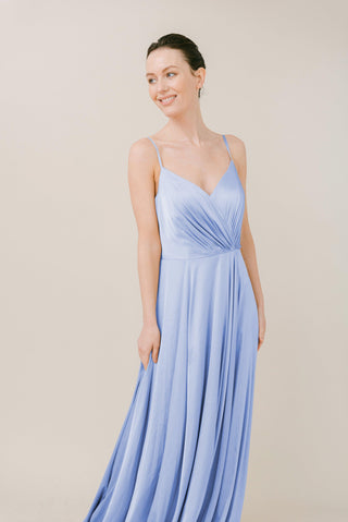 blue bridesmaid dresses, satin bridesmaid dresses, model front view.