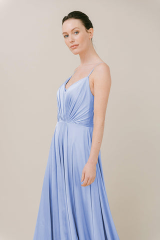 blue bridesmaid dresses, satin bridesmaid dresses, model front view close up