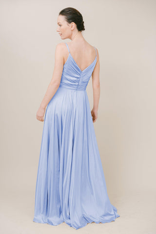 blue bridesmaid dresses, satin bridesmaid dresses, model back view.