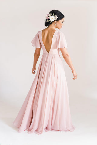 pink bridesmaid dresses, model back view 