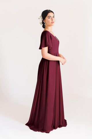 burgundy bridesmaid dresses, model side view