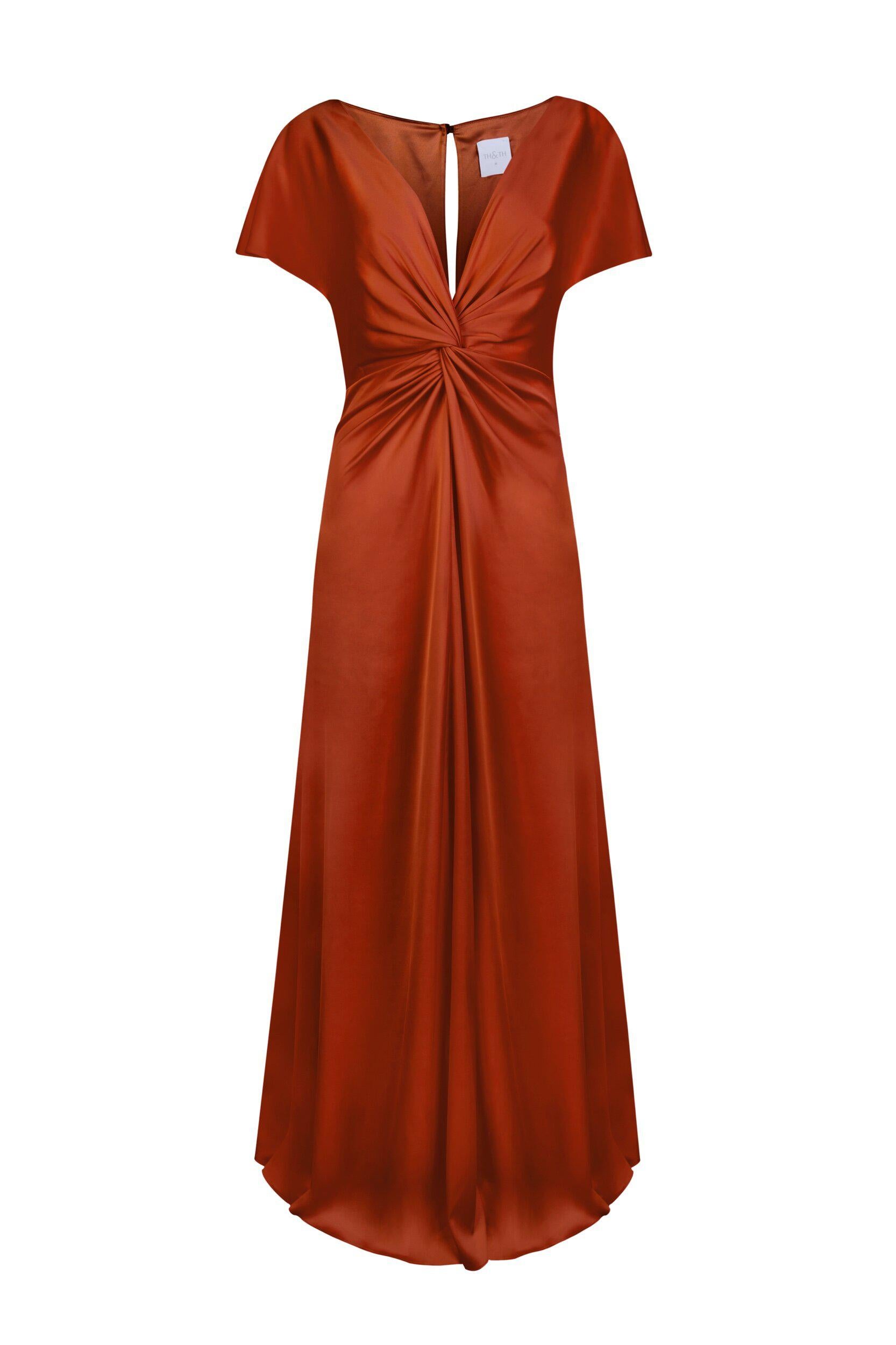 Terracotta satin bridesmaid dress with twist detail at front by TH&TH.