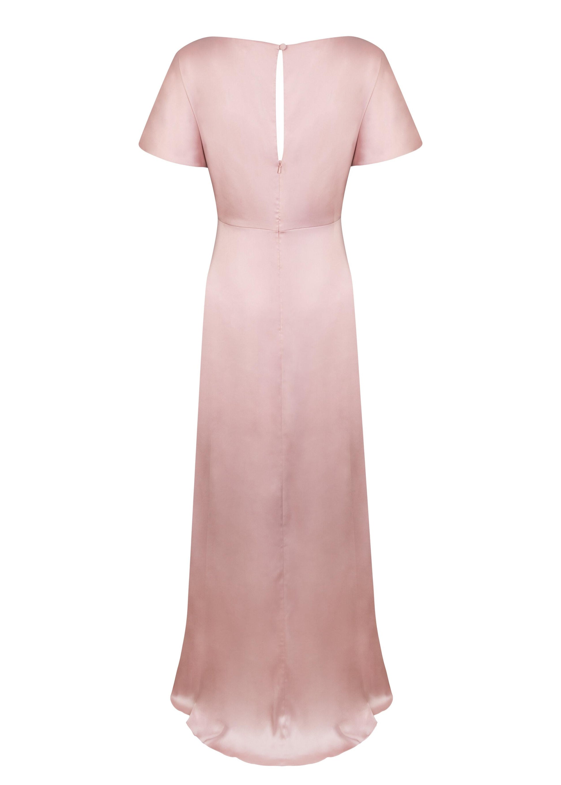 A blush pink satin bridesmaid dress with keyhole back opening, flutter sleeves on a white background by TH&TH Bridesmaids. 
