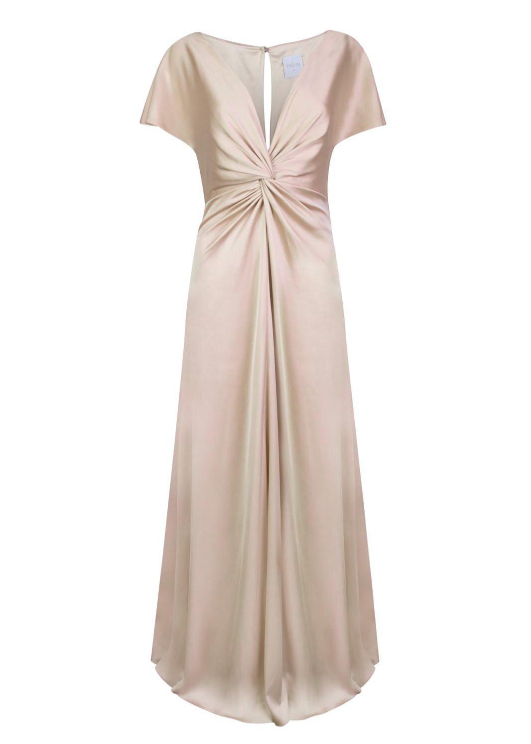 A champagne satin bridesmaid dress with v twist front neckline, flutter sleeves on a white background by TH&TH Bridesmaids. 
