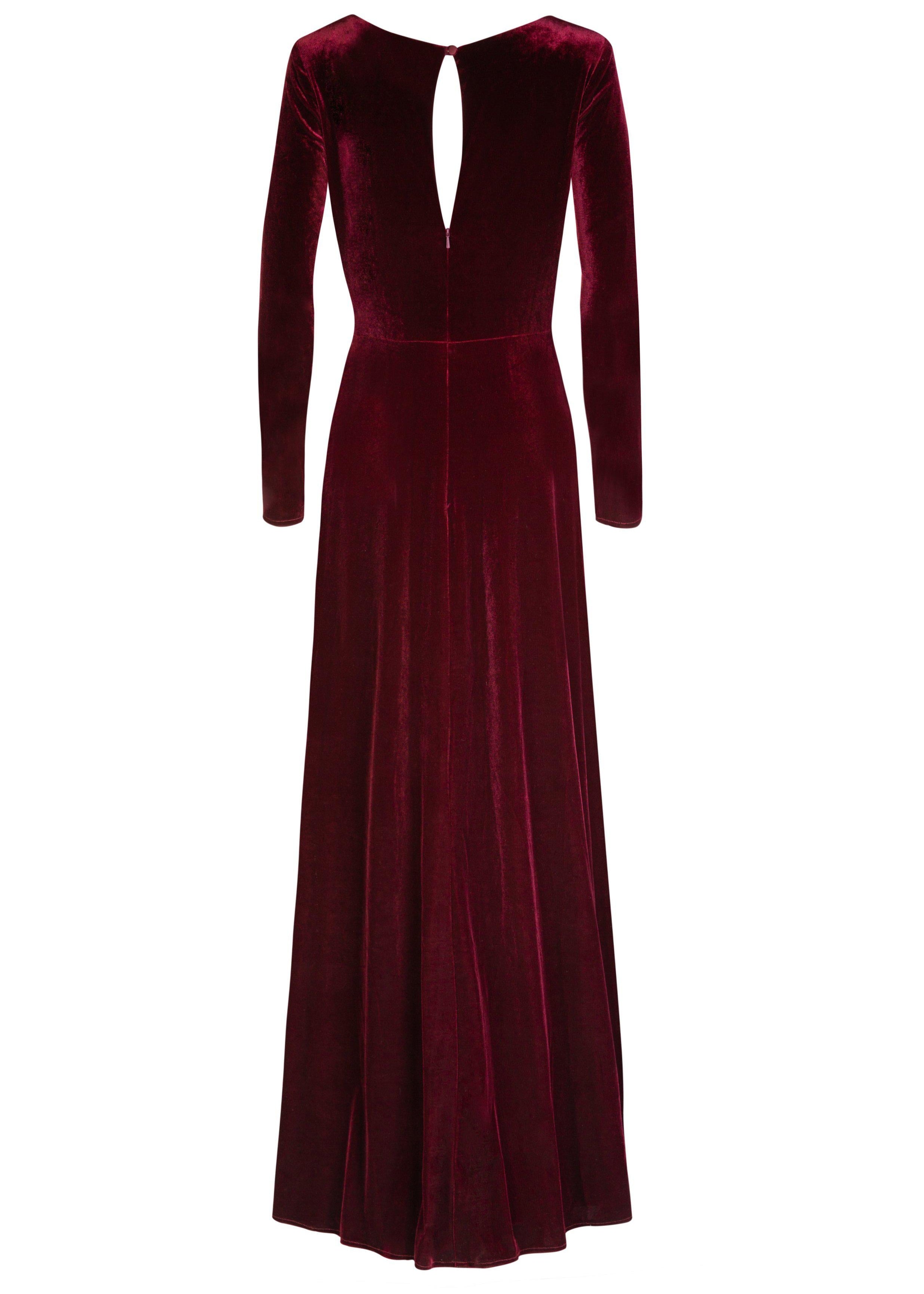 bergundy velvet gown with long sleeves on a white background by TH&TH bridesmaids.
