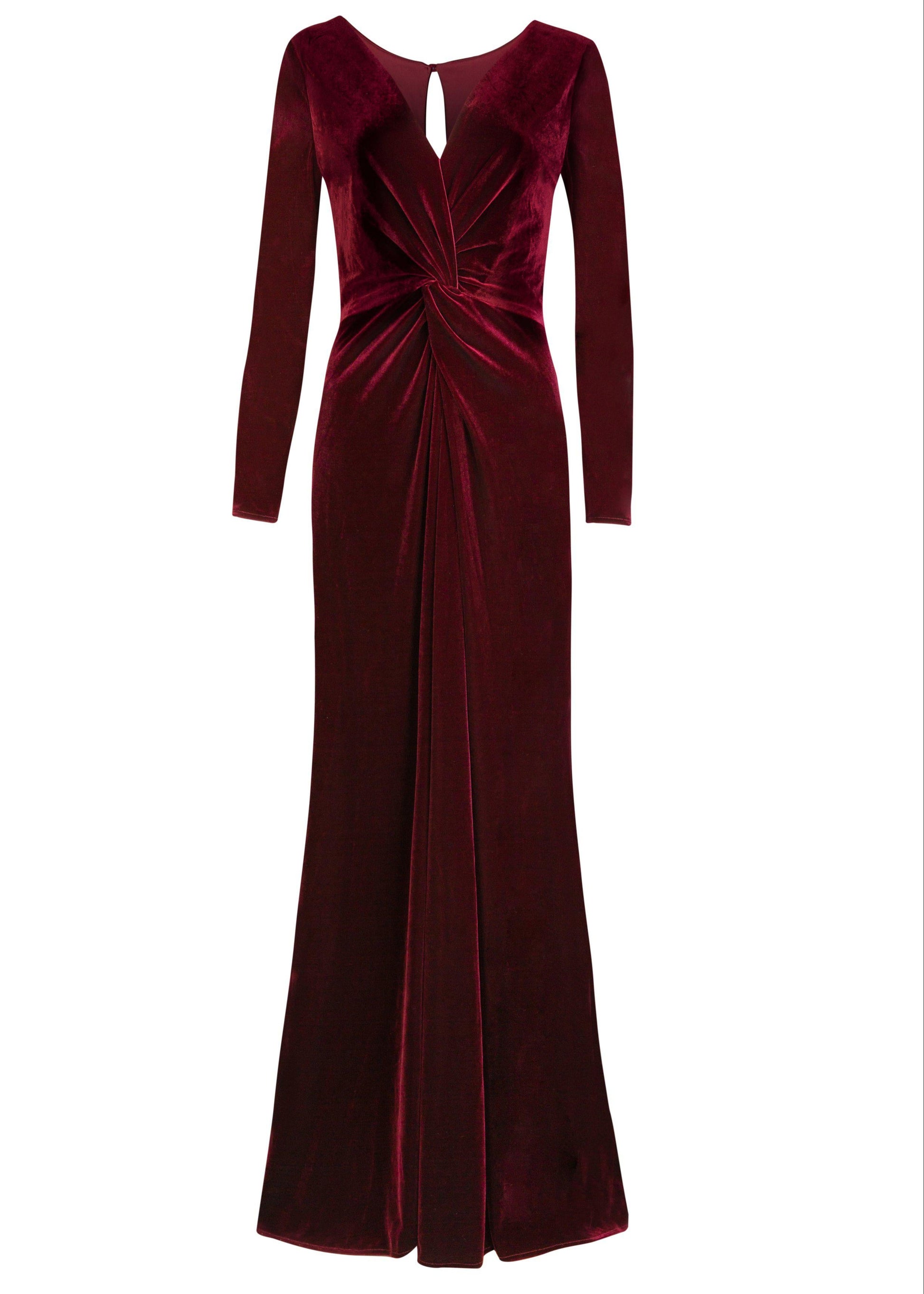 Bergundy velvet gown with long sleeves on a white background by TH&TH bridesmaids.
