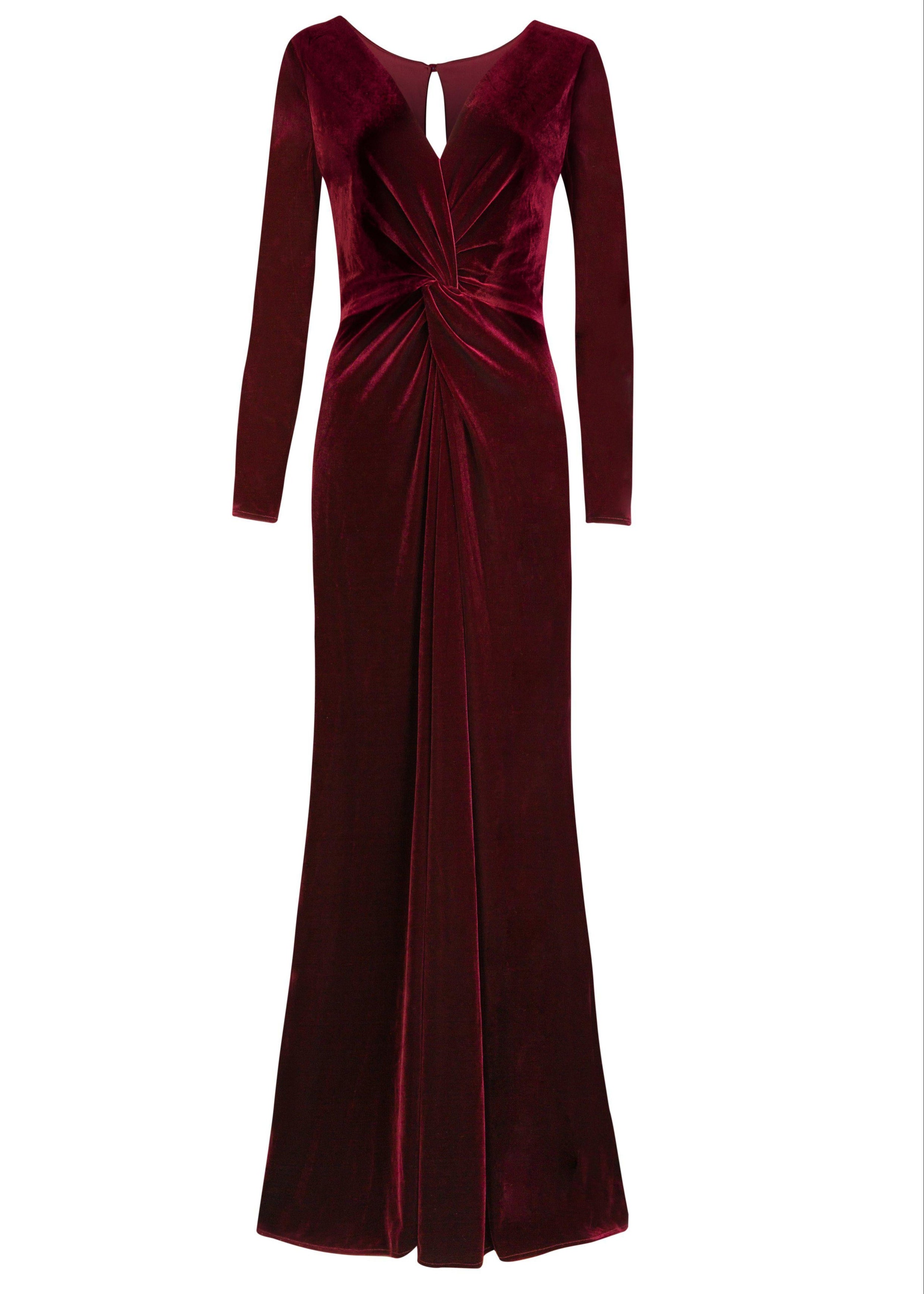 Bergundy velvet gown with long sleeves on a white background by TH&TH bridesmaids.
