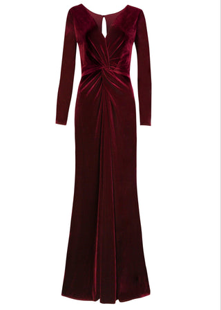 Bergundy velvet gown with long sleeves on a white background by TH&TH bridesmaids.
