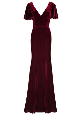 Bergundy gown with flutter sleeves on a white background by TH&TH bridesmaids.