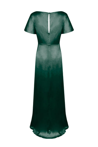 Woman wearing a long emerald dawn green bridesmaid dress with sleeves, bra friendly high back and twist knot detail in satin.