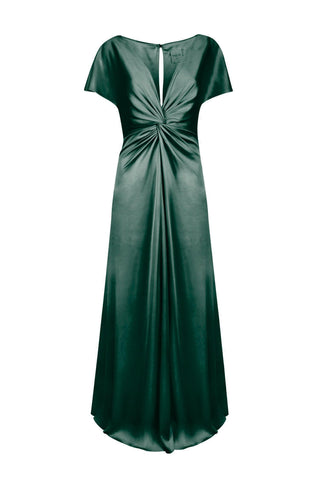 Woman wearing a long emerald dawn green bridesmaid dress with sleeves, bra friendly high back and twist knot detail in satin.