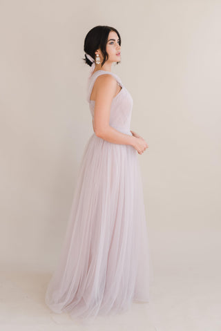 lilac tulle one shoulder maxi bridesmaid dress.
