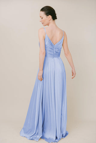 blue bridesmaid dresses, satin bridesmaid dresses, model back view side profile