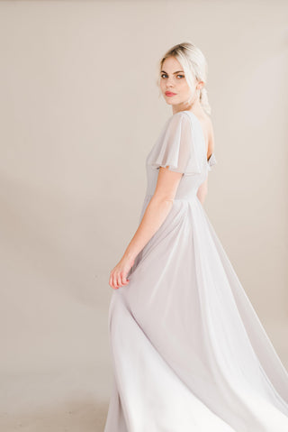grey bridesmaid dresses, model side  view